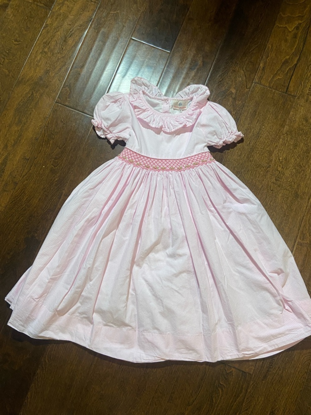 Smockingbird smocked dress collar gingham pink/white SZ 6 girls